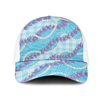 Blue Hawaii Palaka Honohono Pikake Mesh Trucker Cap Hawaiian Orchid Lei Polynesian Pattern - Polynesian Pride