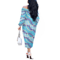 Blue Hawaii Palaka Honohono Pikake Off The Shoulder Long Sleeve Dress Hawaiian Orchid Lei Polynesian Pattern LT14 - Polynesian Pride