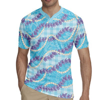 Blue Hawaii Palaka Honohono Pikake Rugby Jersey Hawaiian Orchid Lei Polynesian Pattern - Polynesian Pride