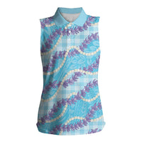 Blue Hawaii Palaka Honohono Pikake Women Sleeveless Polo Shirt Hawaiian Orchid Lei Polynesian Pattern LT14 Female Blue - Polynesian Pride