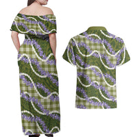 Green Hawaii Palaka Honohono Pikake Couples Matching Off Shoulder Maxi Dress and Hawaiian Shirt Hawaiian Orchid Lei Polynesian Pattern LT14 - Polynesian Pride