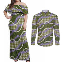 Green Hawaii Palaka Honohono Pikake Couples Matching Off Shoulder Maxi Dress and Long Sleeve Button Shirt Hawaiian Orchid Lei Polynesian Pattern LT14 Green - Polynesian Pride