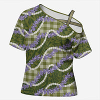 Green Hawaii Palaka Honohono Pikake Cross Shoulder Shirt Hawaiian Orchid Lei Polynesian Pattern - Polynesian Pride