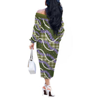 Green Hawaii Palaka Honohono Pikake Off The Shoulder Long Sleeve Dress Hawaiian Orchid Lei Polynesian Pattern LT14 - Polynesian Pride