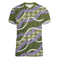 Green Hawaii Palaka Honohono Pikake Women V-Neck T-Shirt Hawaiian Orchid Lei Polynesian Pattern LT14 Female Green - Polynesian Pride