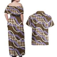 Brown Hawaii Palaka Honohono Pikake Couples Matching Off Shoulder Maxi Dress and Hawaiian Shirt Hawaiian Orchid Lei Polynesian Pattern LT14 - Polynesian Pride