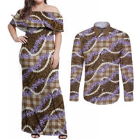 Brown Hawaii Palaka Honohono Pikake Couples Matching Off Shoulder Maxi Dress and Long Sleeve Button Shirt Hawaiian Orchid Lei Polynesian Pattern LT14 Brown - Polynesian Pride