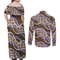 Brown Hawaii Palaka Honohono Pikake Couples Matching Off Shoulder Maxi Dress and Long Sleeve Button Shirt Hawaiian Orchid Lei Polynesian Pattern LT14 - Polynesian Pride