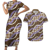 Brown Hawaii Palaka Honohono Pikake Couples Matching Short Sleeve Bodycon Dress and Hawaiian Shirt Hawaiian Orchid Lei Polynesian Pattern LT14 Brown - Polynesian Pride