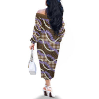 Brown Hawaii Palaka Honohono Pikake Family Matching Off The Shoulder Long Sleeve Dress and Hawaiian Shirt Hawaiian Orchid Lei Polynesian Pattern LT14 - Polynesian Pride