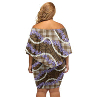 Brown Hawaii Palaka Honohono Pikake Off Shoulder Short Dress Hawaiian Orchid Lei Polynesian Pattern - Polynesian Pride
