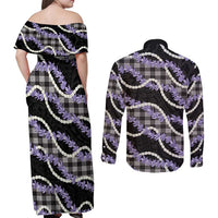 Black Hawaii Palaka Honohono Pikake Couples Matching Off Shoulder Maxi Dress and Long Sleeve Button Shirt Hawaiian Orchid Lei Polynesian Pattern LT14 - Polynesian Pride