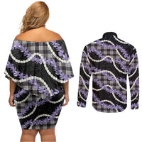 Black Hawaii Palaka Honohono Pikake Couples Matching Off Shoulder Short Dress and Long Sleeve Button Shirt Hawaiian Orchid Lei Polynesian Pattern LT14 - Polynesian Pride