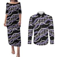 Black Hawaii Palaka Honohono Pikake Couples Matching Puletasi and Long Sleeve Button Shirt Hawaiian Orchid Lei Polynesian Pattern LT14 Black - Polynesian Pride
