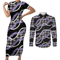 Black Hawaii Palaka Honohono Pikake Couples Matching Short Sleeve Bodycon Dress and Long Sleeve Button Shirt Hawaiian Orchid Lei Polynesian Pattern LT14 Black - Polynesian Pride