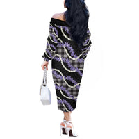 Black Hawaii Palaka Honohono Pikake Off The Shoulder Long Sleeve Dress Hawaiian Orchid Lei Polynesian Pattern LT14 - Polynesian Pride