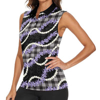 Black Hawaii Palaka Honohono Pikake Women Sleeveless Polo Shirt Hawaiian Orchid Lei Polynesian Pattern LT14 - Polynesian Pride
