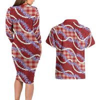 Red Hawaii Palaka Honohono Pikake Couples Matching Long Sleeve Bodycon Dress and Hawaiian Shirt Hawaiian Orchid Lei Polynesian Pattern LT14 - Polynesian Pride