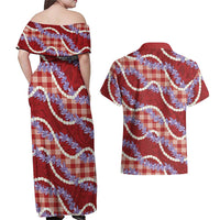Red Hawaii Palaka Honohono Pikake Couples Matching Off Shoulder Maxi Dress and Hawaiian Shirt Hawaiian Orchid Lei Polynesian Pattern LT14 - Polynesian Pride