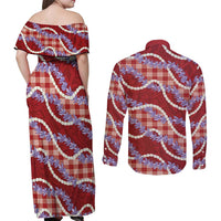 Red Hawaii Palaka Honohono Pikake Couples Matching Off Shoulder Maxi Dress and Long Sleeve Button Shirt Hawaiian Orchid Lei Polynesian Pattern LT14 - Polynesian Pride