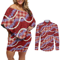 Red Hawaii Palaka Honohono Pikake Couples Matching Off Shoulder Short Dress and Long Sleeve Button Shirt Hawaiian Orchid Lei Polynesian Pattern LT14 Red - Polynesian Pride