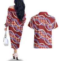 Red Hawaii Palaka Honohono Pikake Couples Matching Off The Shoulder Long Sleeve Dress and Hawaiian Shirt Hawaiian Orchid Lei Polynesian Pattern LT14 - Polynesian Pride