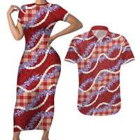 Red Hawaii Palaka Honohono Pikake Couples Matching Short Sleeve Bodycon Dress and Hawaiian Shirt Hawaiian Orchid Lei Polynesian Pattern LT14 Red - Polynesian Pride