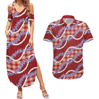 Red Hawaii Palaka Honohono Pikake Couples Matching Summer Maxi Dress and Hawaiian Shirt Hawaiian Orchid Lei Polynesian Pattern LT14 Red - Polynesian Pride