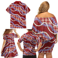 Red Hawaii Palaka Honohono Pikake Family Matching Off Shoulder Short Dress and Hawaiian Shirt Hawaiian Orchid Lei Polynesian Pattern LT14 - Polynesian Pride