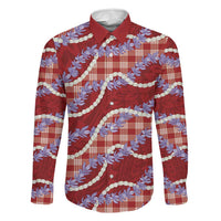 Red Hawaii Palaka Honohono Pikake Family Matching Off Shoulder Short Dress and Hawaiian Shirt Hawaiian Orchid Lei Polynesian Pattern LT14 Dad's Shirt - Long Sleeve Red - Polynesian Pride