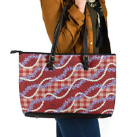 Red Hawaii Palaka Honohono Pikake Leather Tote Bag Hawaiian Orchid Lei Polynesian Pattern - Polynesian Pride