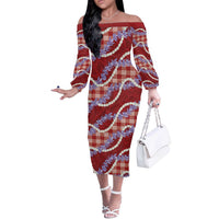 Red Hawaii Palaka Honohono Pikake Off The Shoulder Long Sleeve Dress Hawaiian Orchid Lei Polynesian Pattern LT14 Women Red - Polynesian Pride