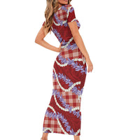 Red Hawaii Palaka Honohono Pikake Short Sleeve Bodycon Dress Hawaiian Orchid Lei Polynesian Pattern LT14 - Polynesian Pride