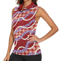Red Hawaii Palaka Honohono Pikake Women Sleeveless Polo Shirt Hawaiian Orchid Lei Polynesian Pattern LT14 - Polynesian Pride