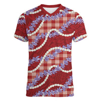 Red Hawaii Palaka Honohono Pikake Women V-Neck T-Shirt Hawaiian Orchid Lei Polynesian Pattern LT14 Female Red - Polynesian Pride