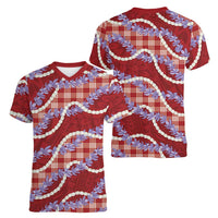 Red Hawaii Palaka Honohono Pikake Women V-Neck T-Shirt Hawaiian Orchid Lei Polynesian Pattern LT14 - Polynesian Pride