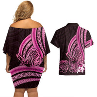 Pink Polynesia Easter Day Couples Matching Off Shoulder Short Dress and Hawaiian Shirt Eggs With Bunny Polynesian Pattern