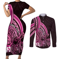 Pink Polynesia Easter Day Couples Matching Short Sleeve Bodycon Dress and Long Sleeve Button Shirt Eggs With Bunny Polynesian Pattern