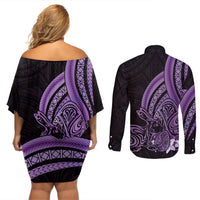 Purple Polynesia Easter Day Couples Matching Off Shoulder Short Dress and Long Sleeve Button Shirt Eggs With Bunny Polynesian Pattern