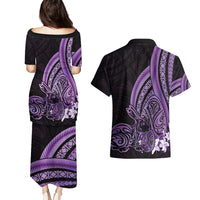 Purple Polynesia Easter Day Couples Matching Puletasi and Hawaiian Shirt Eggs With Bunny Polynesian Pattern