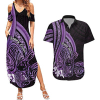 Purple Polynesia Easter Day Couples Matching Summer Maxi Dress and Hawaiian Shirt Eggs With Bunny Polynesian Pattern