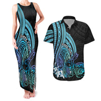 Turquoise Polynesia Easter Day Couples Matching Tank Maxi Dress and Hawaiian Shirt Eggs With Bunny Polynesian Pattern