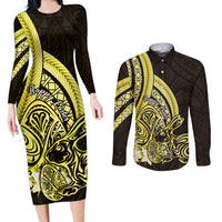 Yellow Polynesia Easter Day Couples Matching Long Sleeve Bodycon Dress and Long Sleeve Button Shirt Eggs With Bunny Polynesian Pattern
