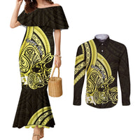 Yellow Polynesia Easter Day Couples Matching Mermaid Dress and Long Sleeve Button Shirt Eggs With Bunny Polynesian Pattern