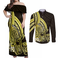 Yellow Polynesia Easter Day Couples Matching Off Shoulder Maxi Dress and Long Sleeve Button Shirt Eggs With Bunny Polynesian Pattern