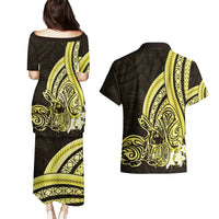 Yellow Polynesia Easter Day Couples Matching Puletasi and Hawaiian Shirt Eggs With Bunny Polynesian Pattern
