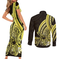Yellow Polynesia Easter Day Couples Matching Short Sleeve Bodycon Dress and Long Sleeve Button Shirt Eggs With Bunny Polynesian Pattern