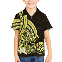Yellow Polynesia Easter Day Family Matching Off Shoulder Short Dress and Hawaiian Shirt Eggs With Bunny Polynesian Pattern