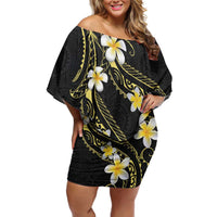 Polynesia Tattoo With Plumeria Family Matching Off Shoulder Short Dress and Hawaiian Shirt Elegant Vibes LT14 Mom's Dress Black - Polynesian Pride