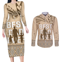 Tonga Father's Day Couples Matching Long Sleeve Bodycon Dress and Long Sleeve Button Shirt Best Dad Ever Tongan Ngatu Pattern - Beige LT14 Beige - Polynesian Pride
